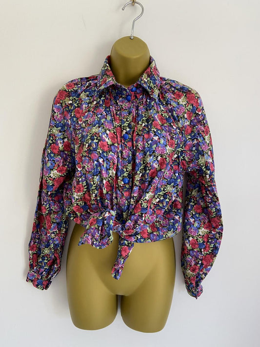 Vintage Handmade Floral Shirt Long Sleeve Tie-Front Detail Size UK 12-14
