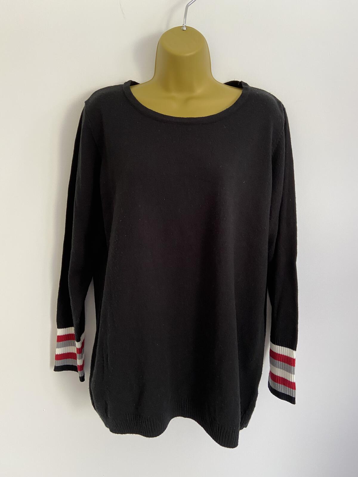 Women’s Black Jumper With Red, White & Grey Striped Cuffs Size XL