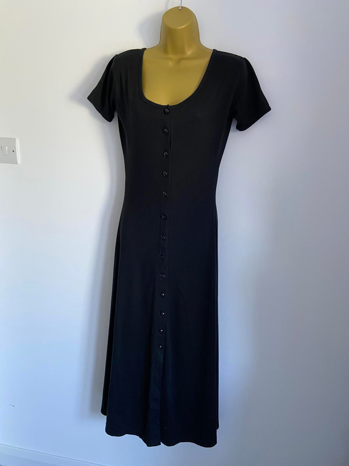 Classic Woman Ladies Black Ribbed Midi Dress, Glitter Button Front, Size 10