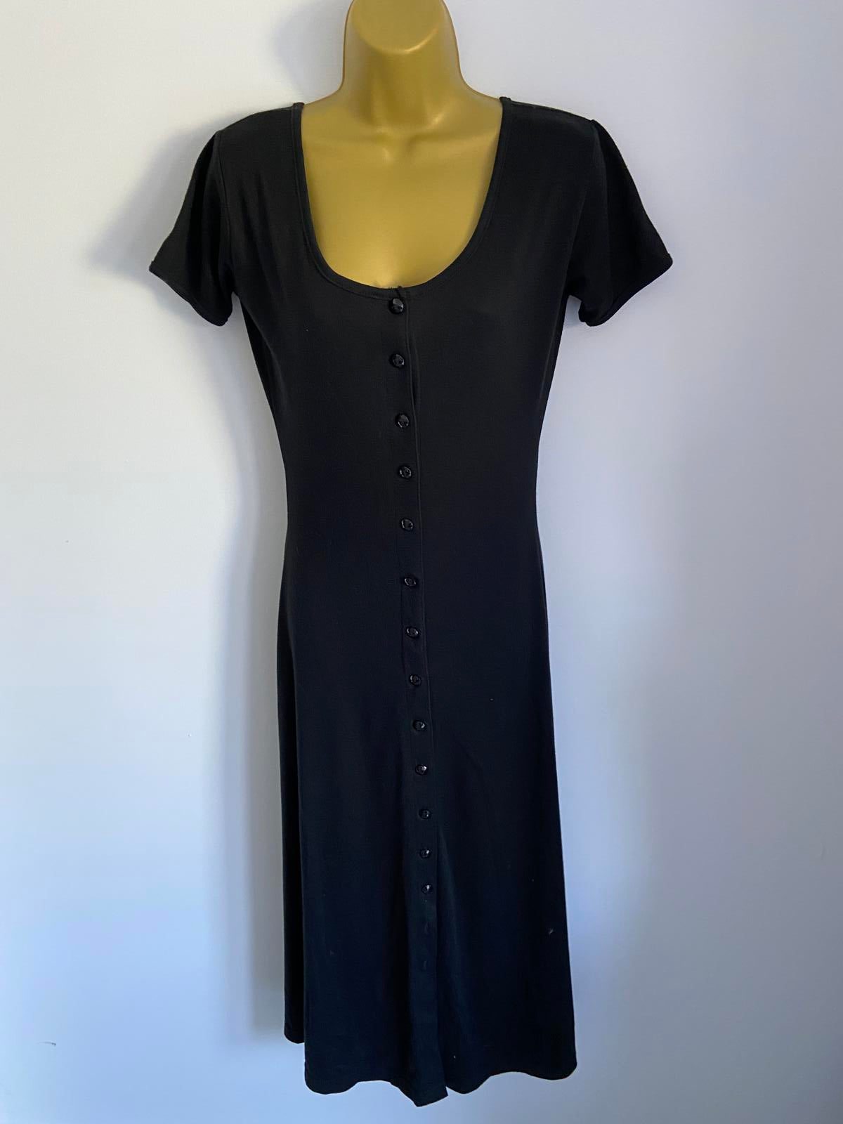 Classic Woman Ladies Black Ribbed Midi Dress, Glitter Button Front, Size 10