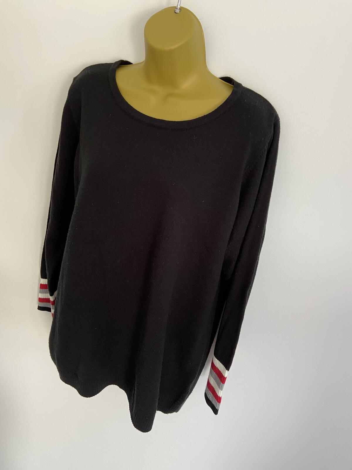 Women’s Black Jumper With Red, White & Grey Striped Cuffs Size XL
