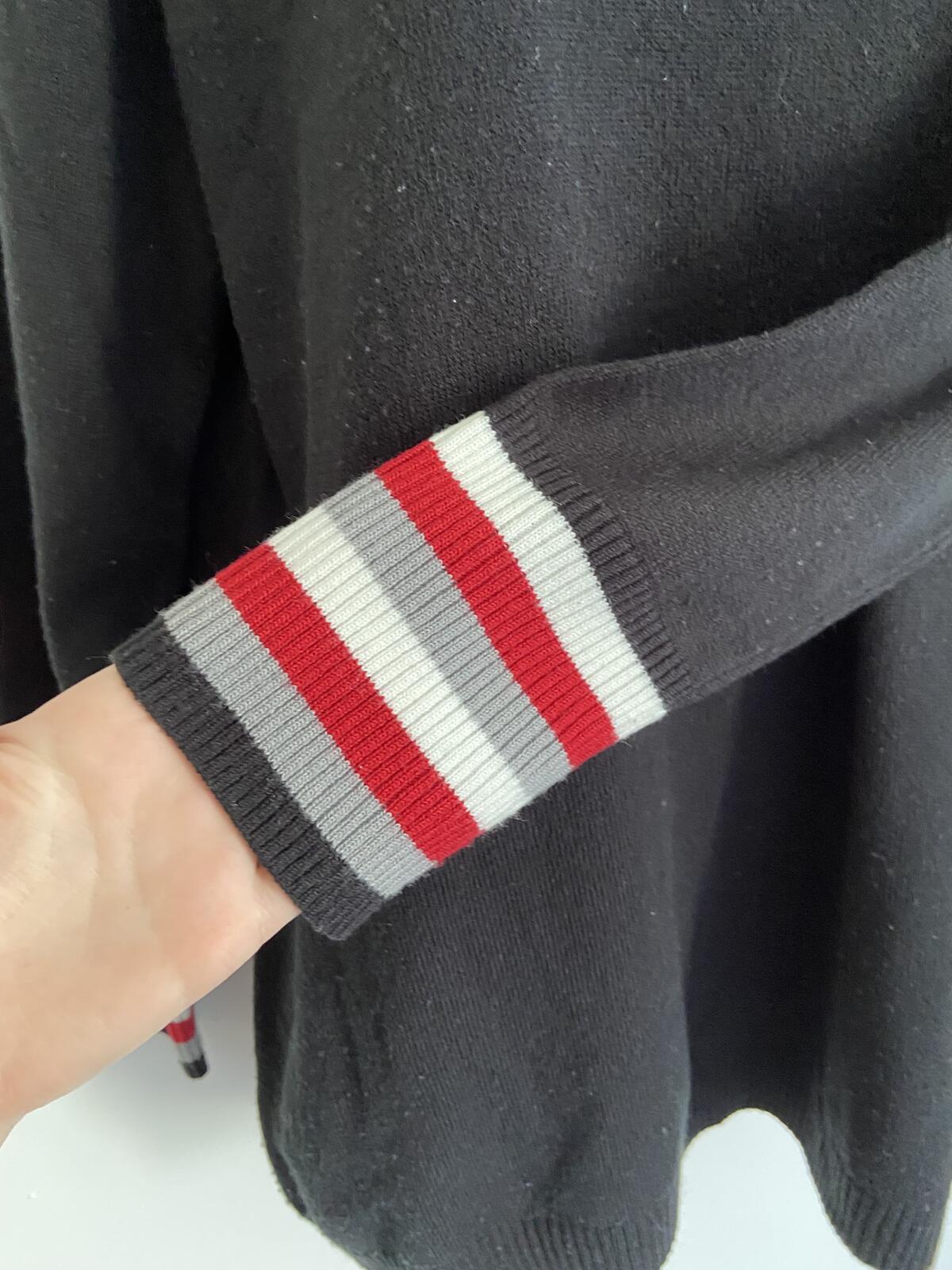 Women’s Black Jumper With Red, White & Grey Striped Cuffs Size XL