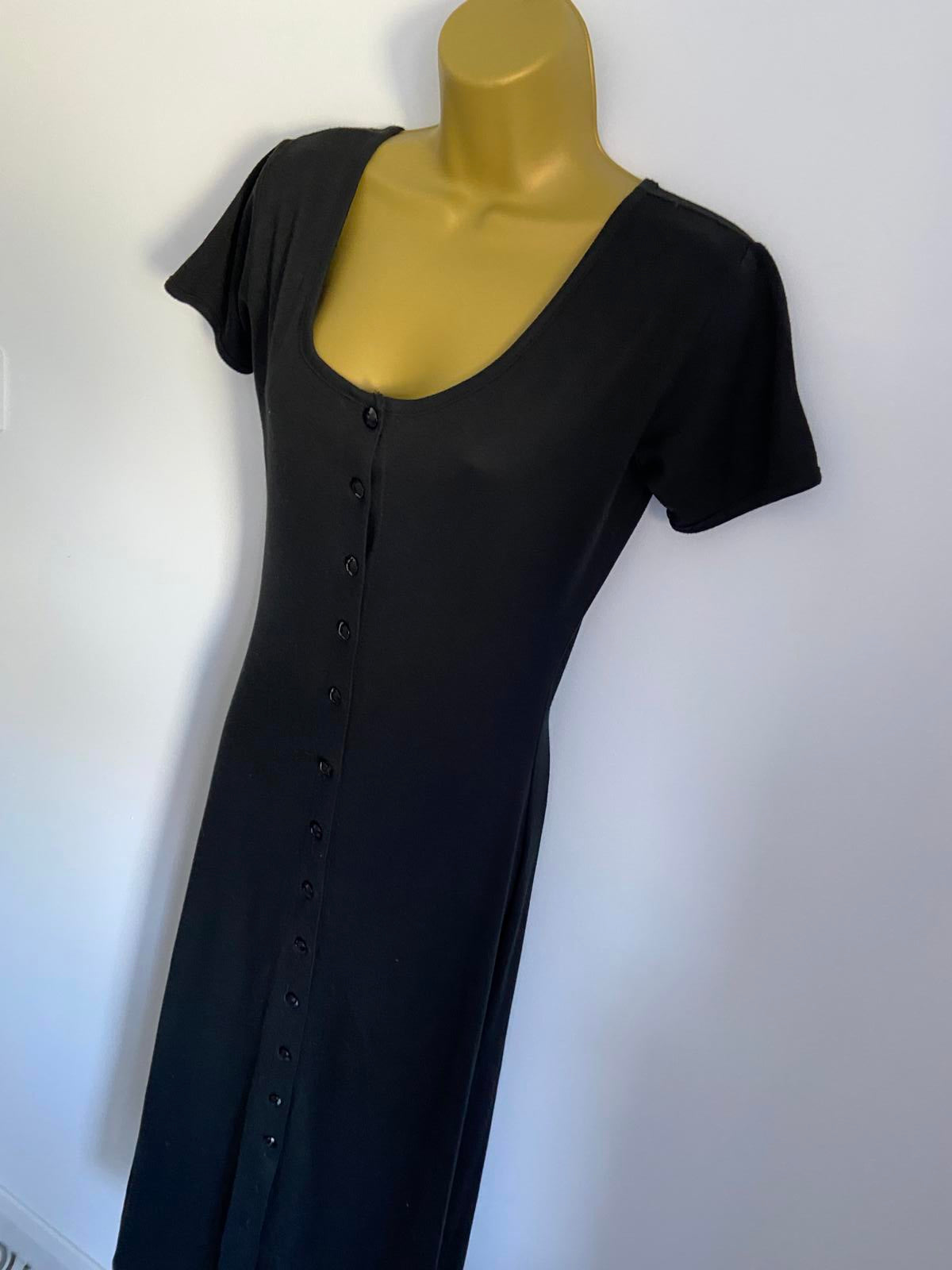 Classic Woman Ladies Black Ribbed Midi Dress, Glitter Button Front, Size 10