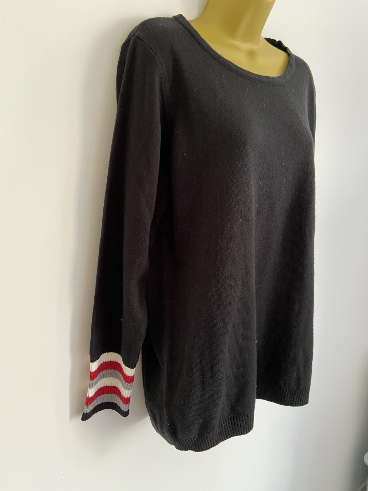 Women’s Black Jumper With Red, White & Grey Striped Cuffs Size XL