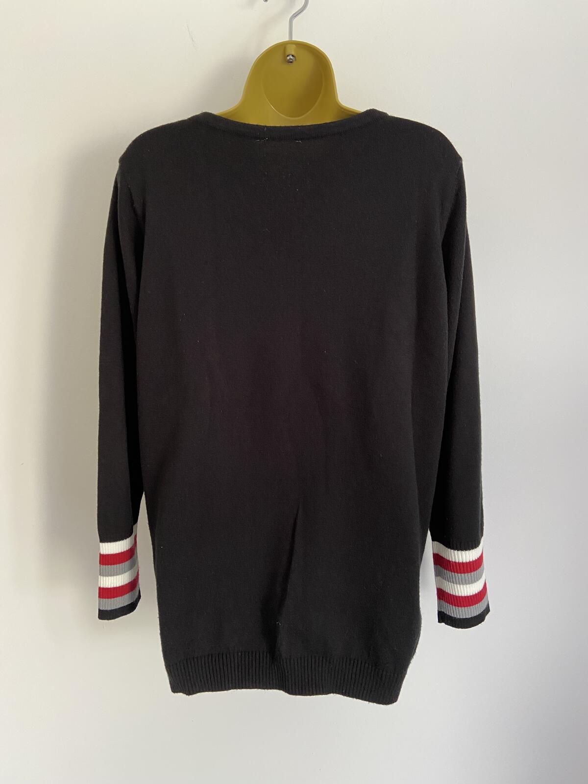 Women’s Black Jumper With Red, White & Grey Striped Cuffs Size XL