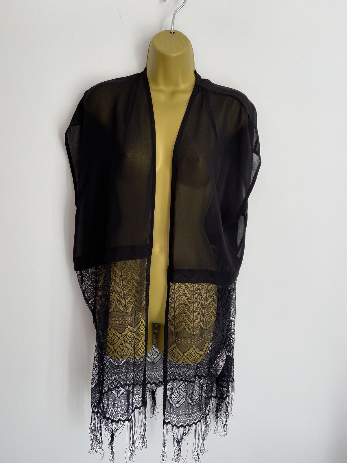 New Look Black Boho Open-Front Lace Hem Kimono Beach Cover-Up Size S