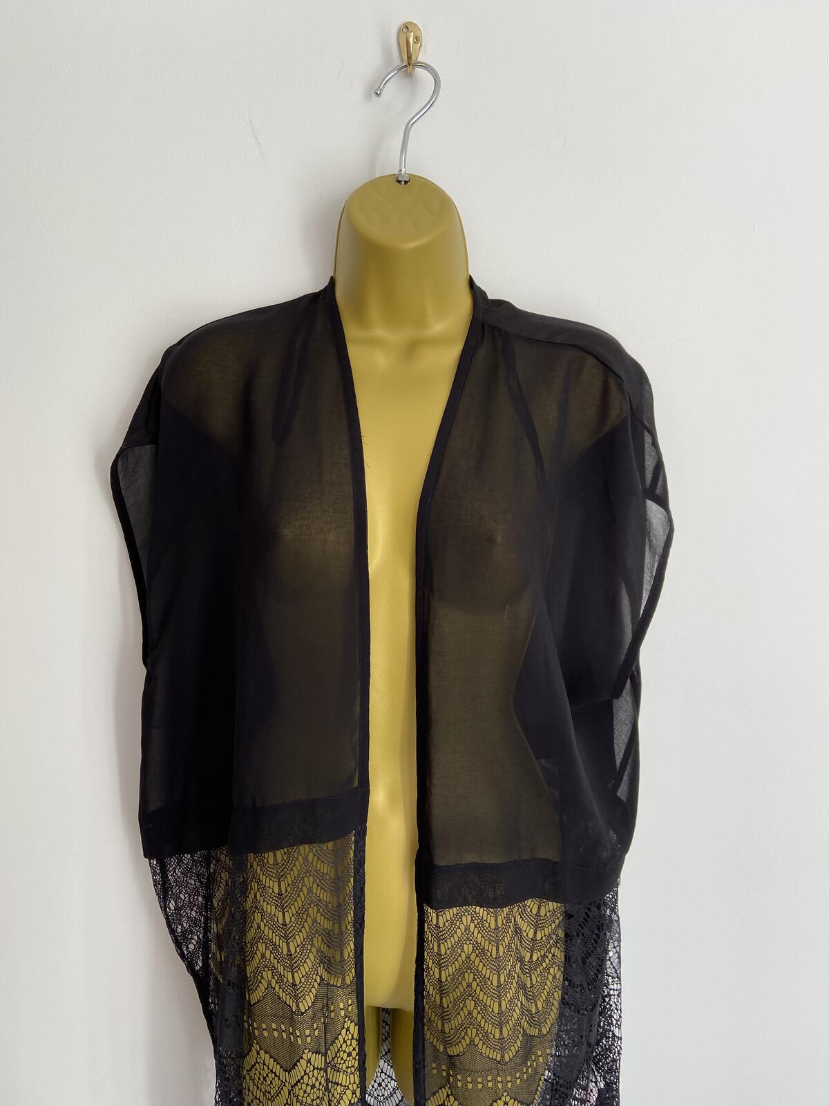 New Look Black Boho Open-Front Lace Hem Kimono Beach Cover-Up Size S