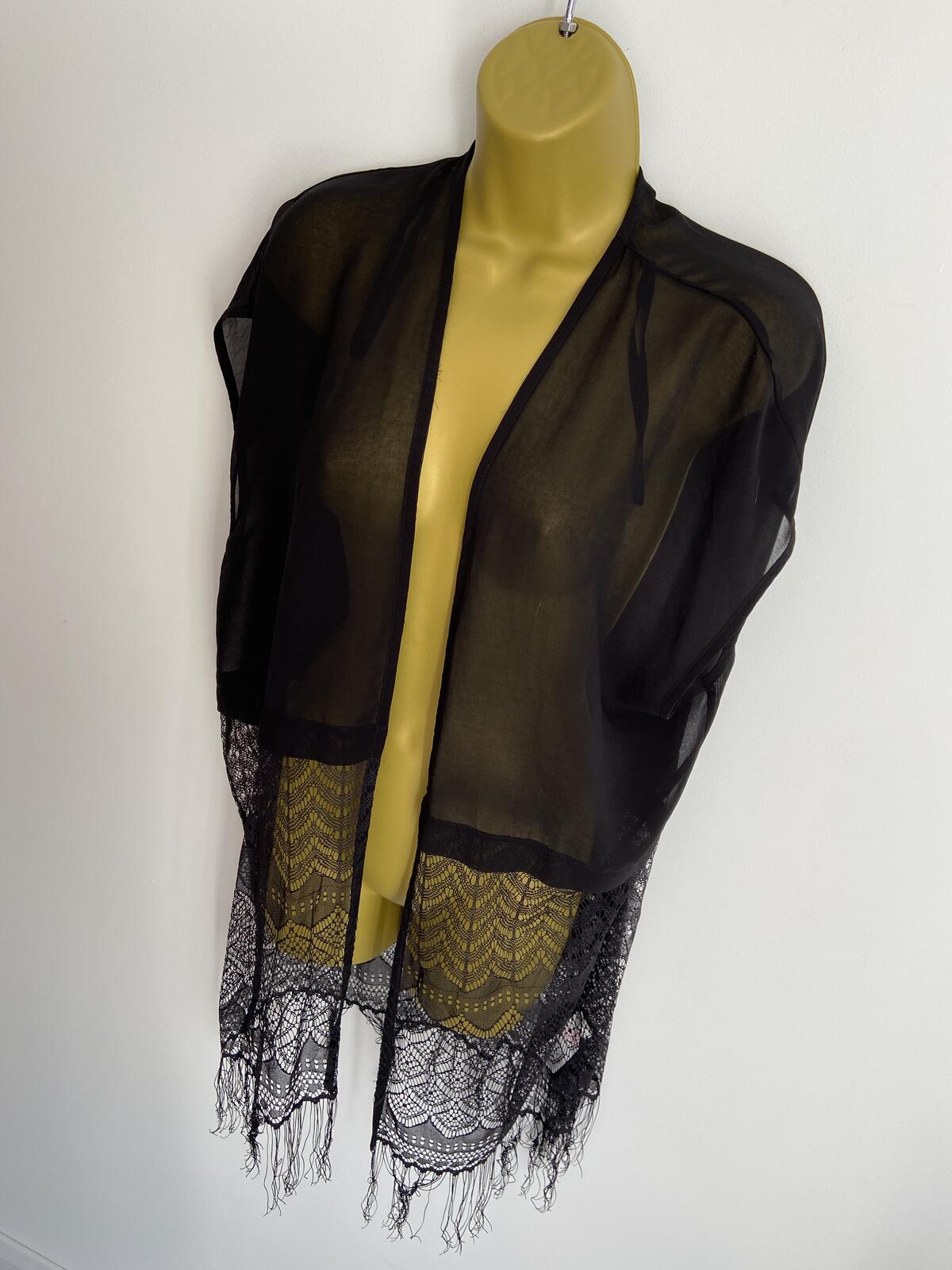 New Look Black Boho Open-Front Lace Hem Kimono Beach Cover-Up Size S