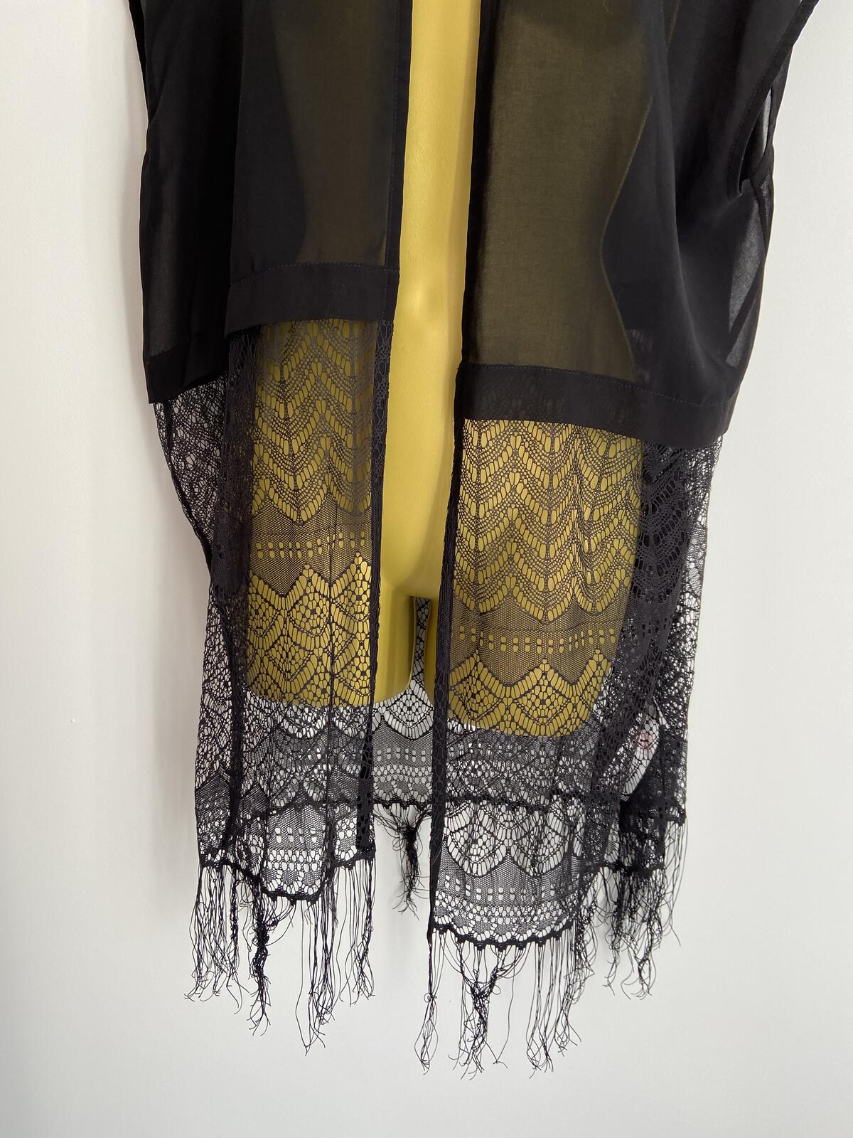 New Look Black Boho Open-Front Lace Hem Kimono Beach Cover-Up Size S
