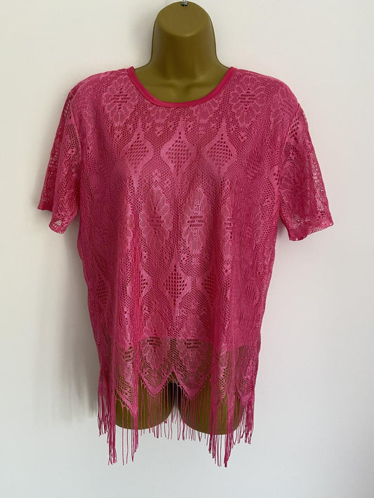 Bright Pink Summer Lace Top With Fringe Detail Size 10