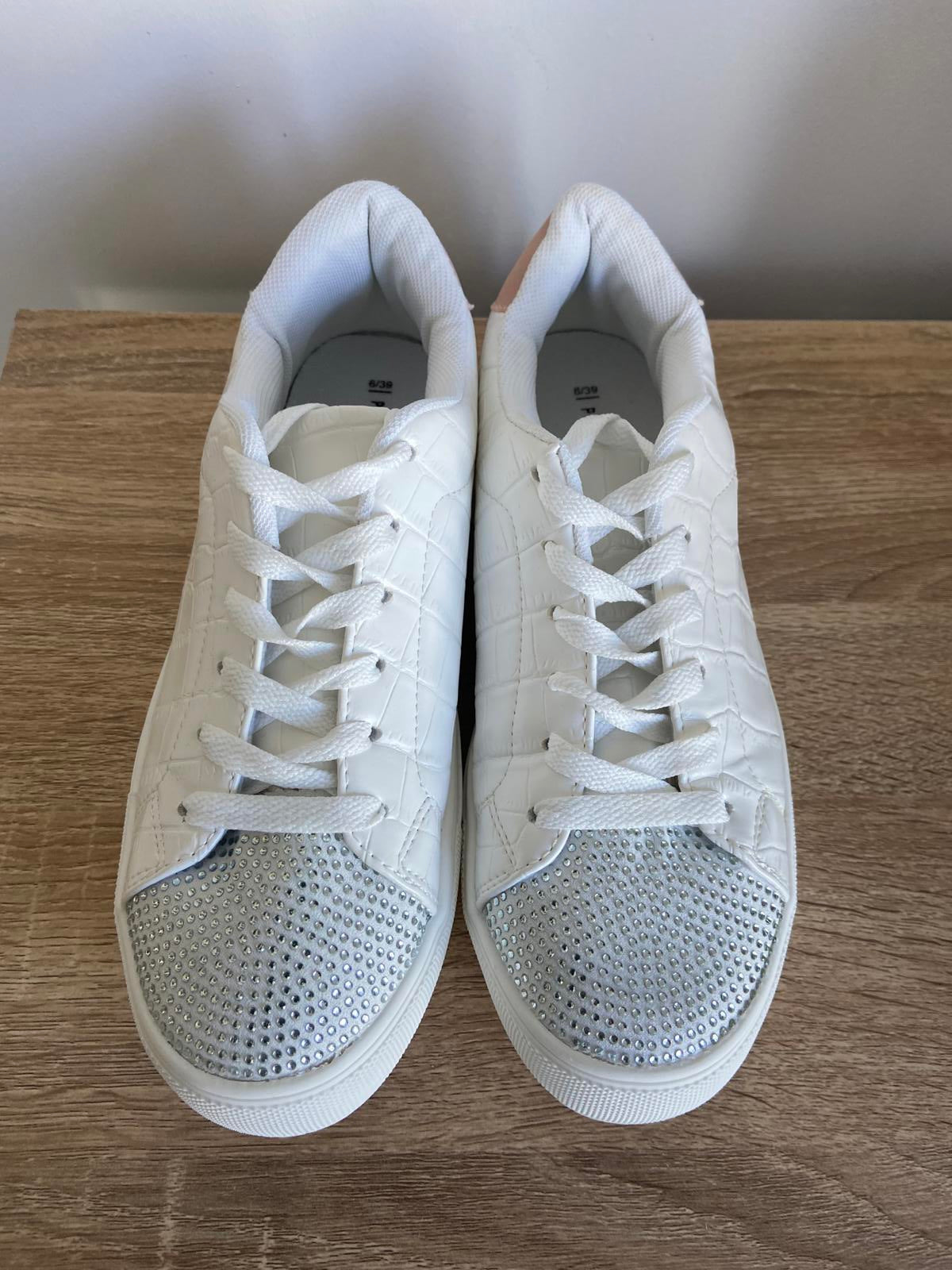 Papaya White Snakeskin Trainers | UK Size 6 | Diamante & Pink Detail