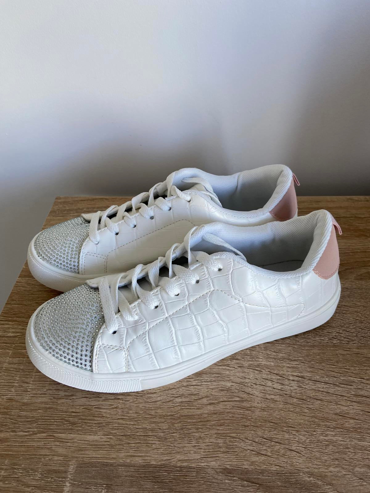 Papaya White Snakeskin Trainers | UK Size 6 | Diamante & Pink Detail