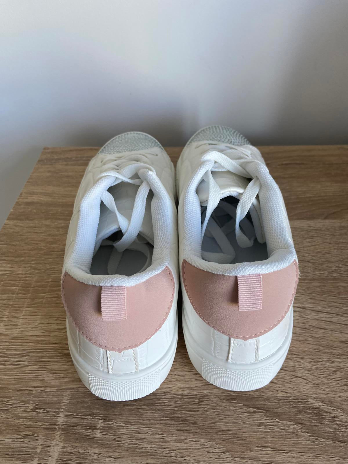 Papaya White Snakeskin Trainers | UK Size 6 | Diamante & Pink Detail