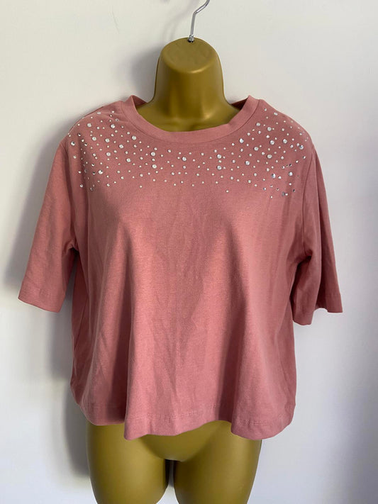 Tu Ladies Dusty Pink Embellished Cropped T-Shirt, Boxy Fit, 100% Cotton, Size XS