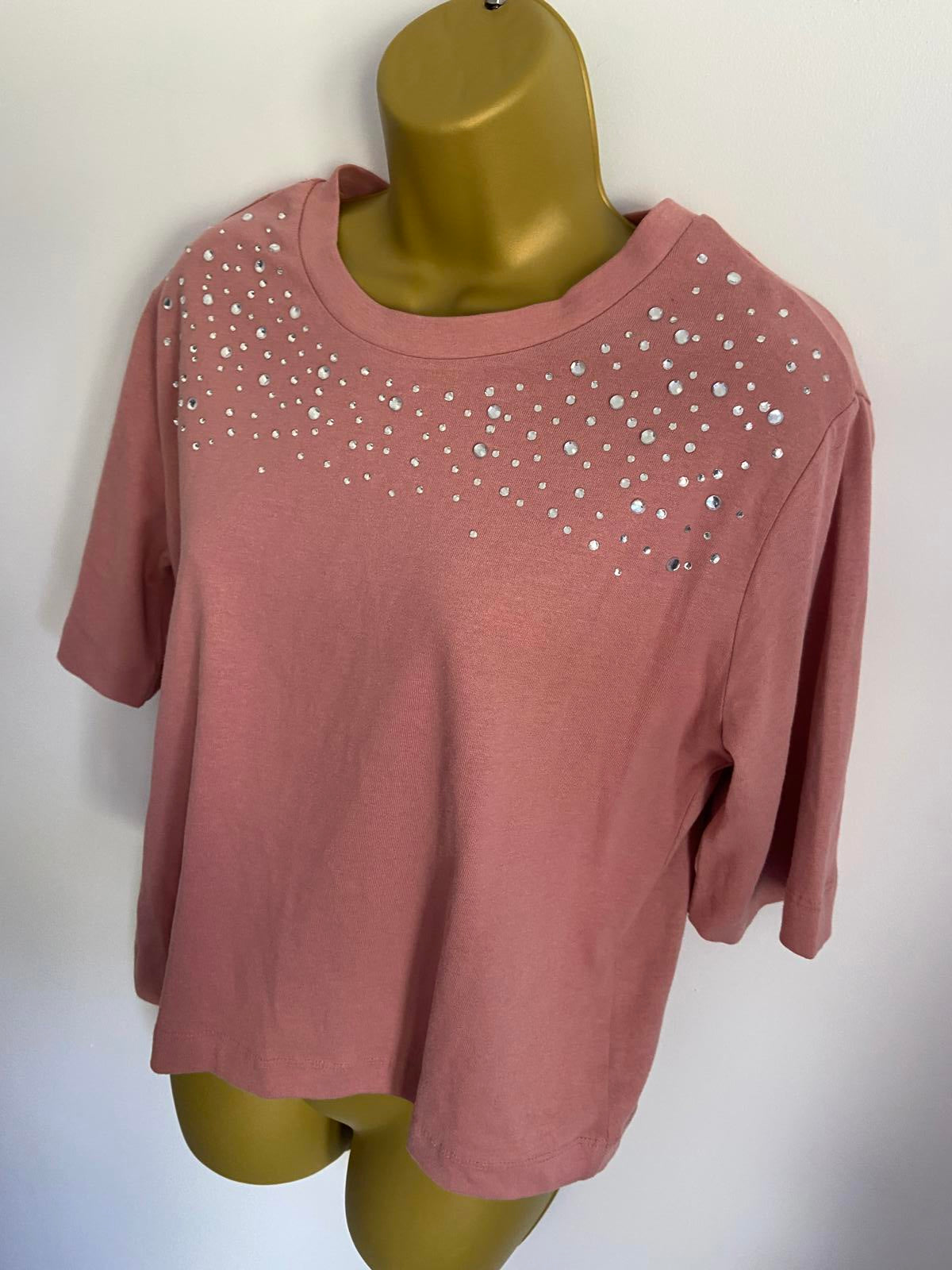 Tu Ladies Dusty Pink Embellished Cropped T-Shirt, Boxy Fit, 100% Cotton, Size XS