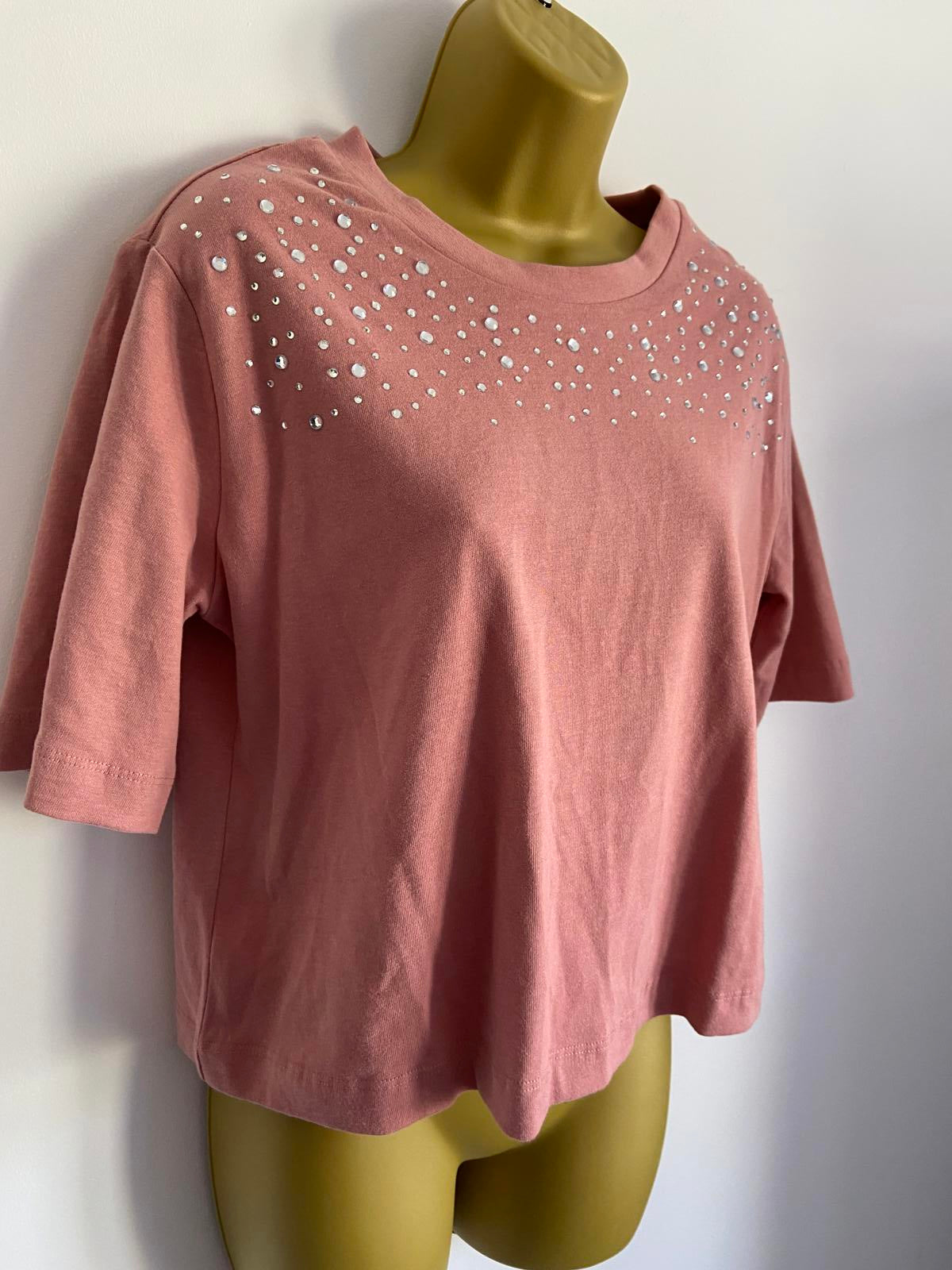 Tu Ladies Dusty Pink Embellished Cropped T-Shirt, Boxy Fit, 100% Cotton, Size XS