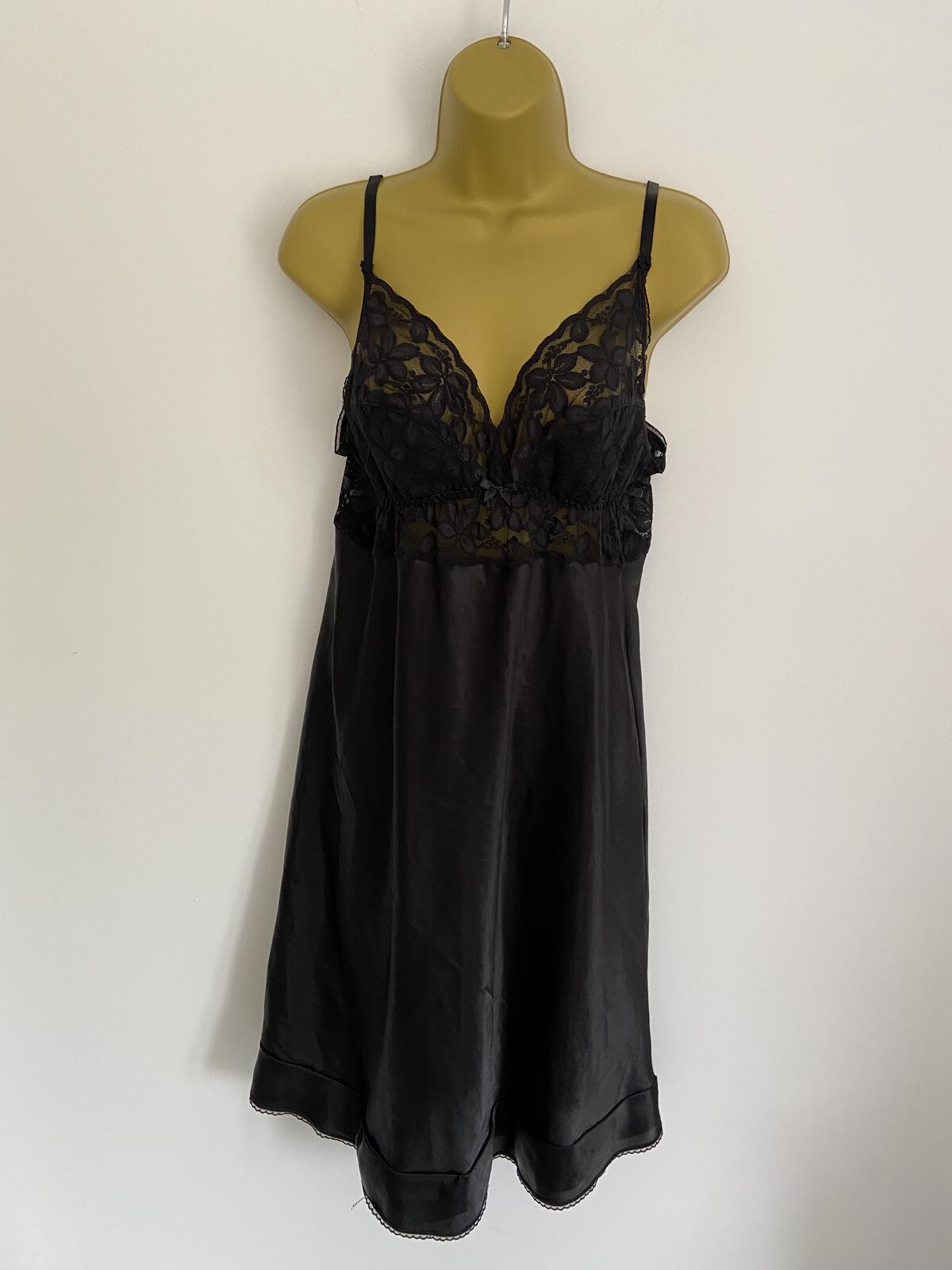 Elegant Black Satin & Lace Camisole Night Dress Size 10