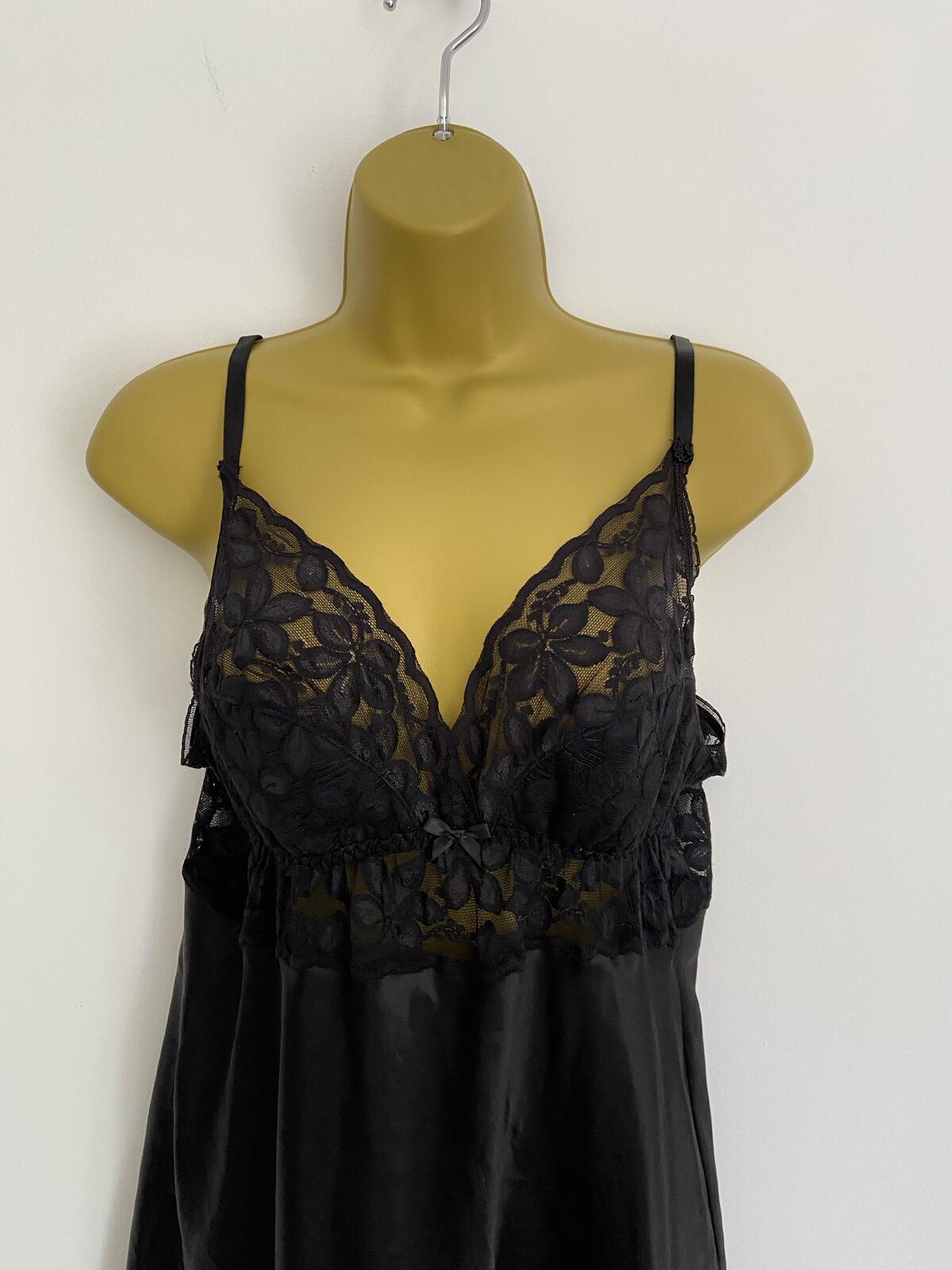 Elegant Black Satin & Lace Camisole Night Dress Size 10