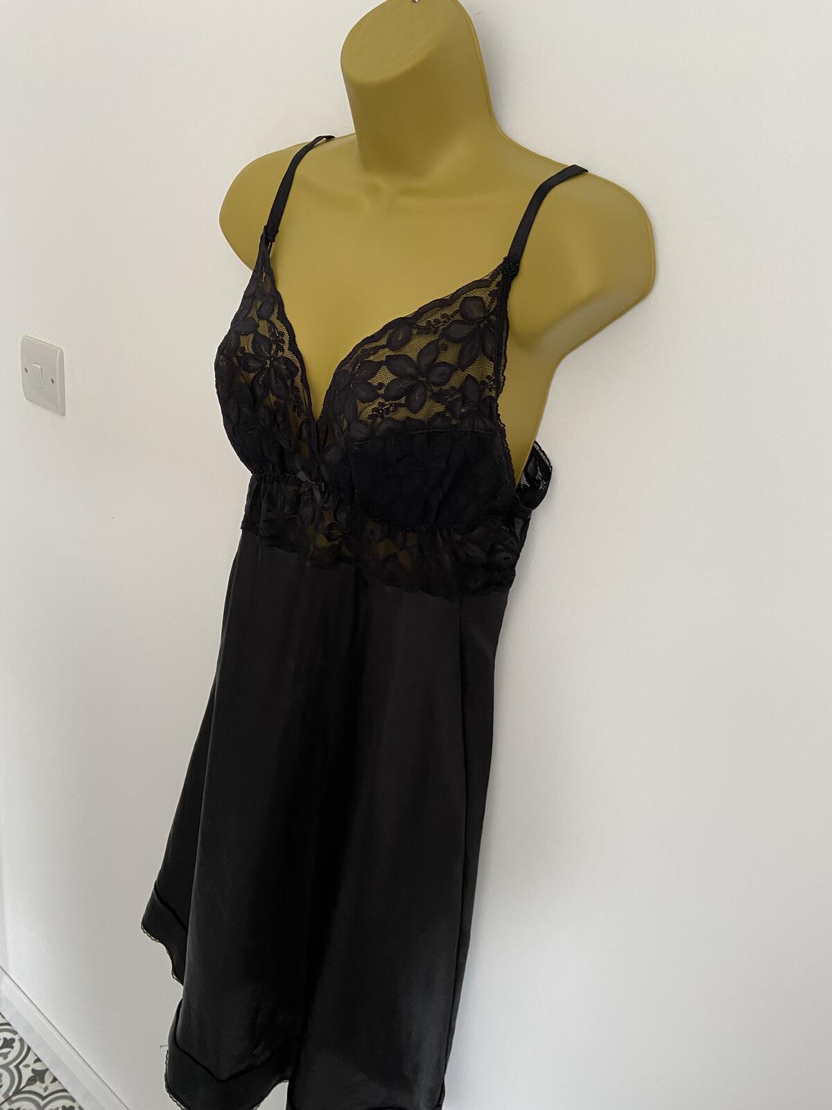 Elegant Black Satin & Lace Camisole Night Dress Size 10