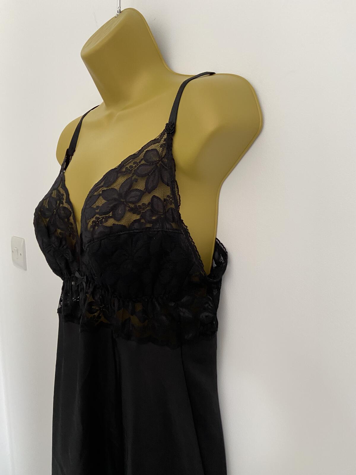 Elegant Black Satin & Lace Camisole Night Dress Size 10