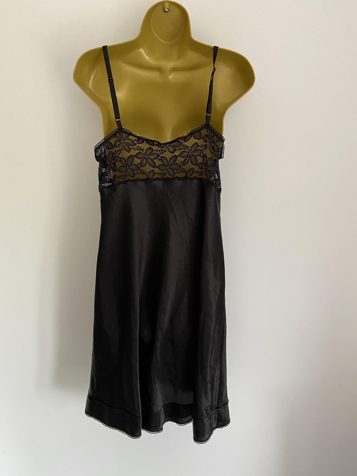 Elegant Black Satin & Lace Camisole Night Dress Size 10
