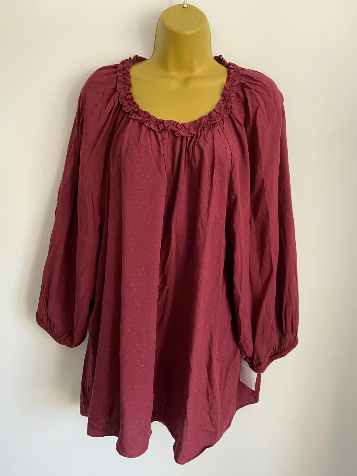 Rose & Olive Ladies Burgundy Smock Top - Ruffle Neck, Boho, Plus Size 3X