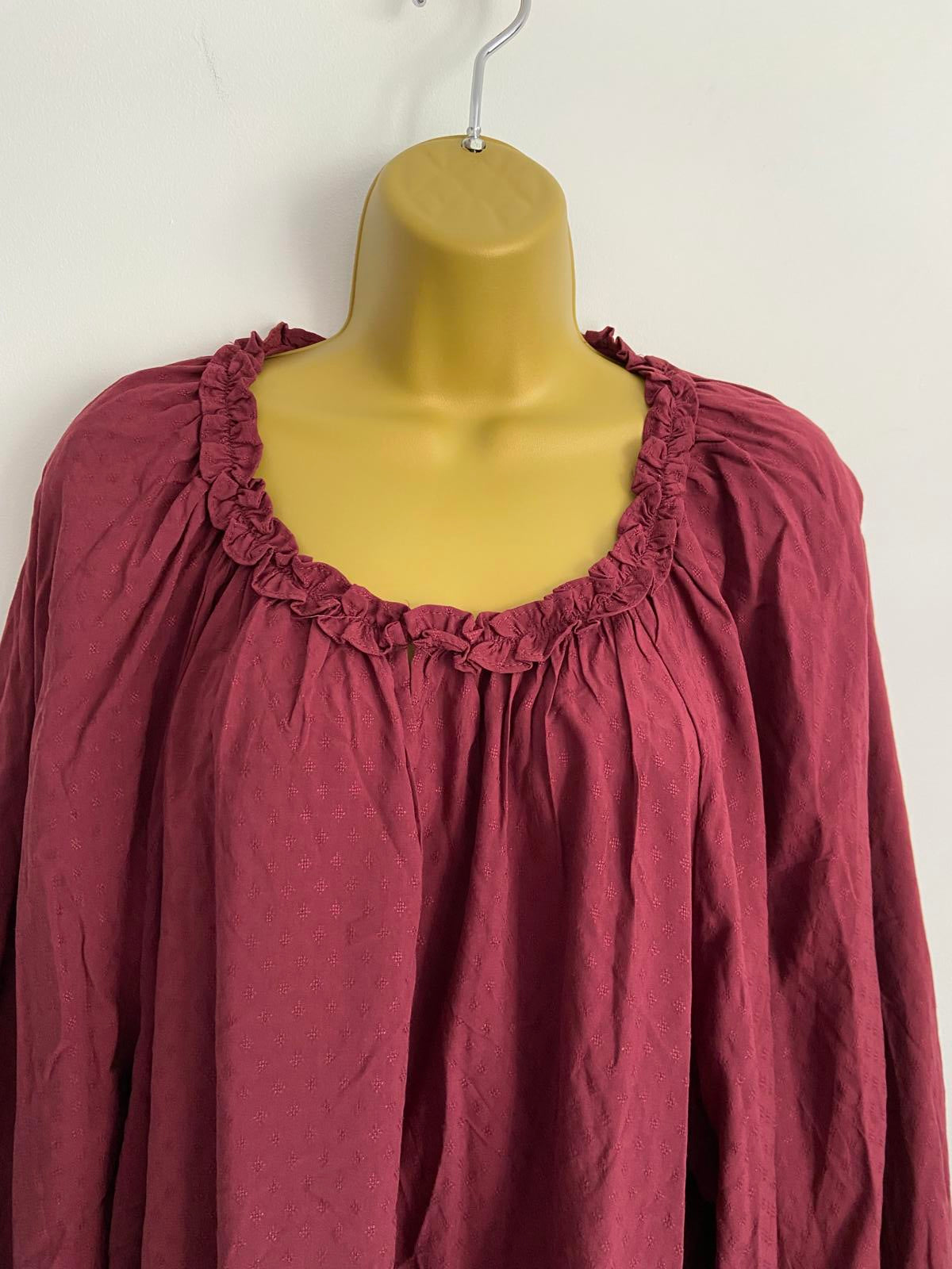 Rose & Olive Ladies Burgundy Smock Top - Ruffle Neck, Boho, Plus Size 3X