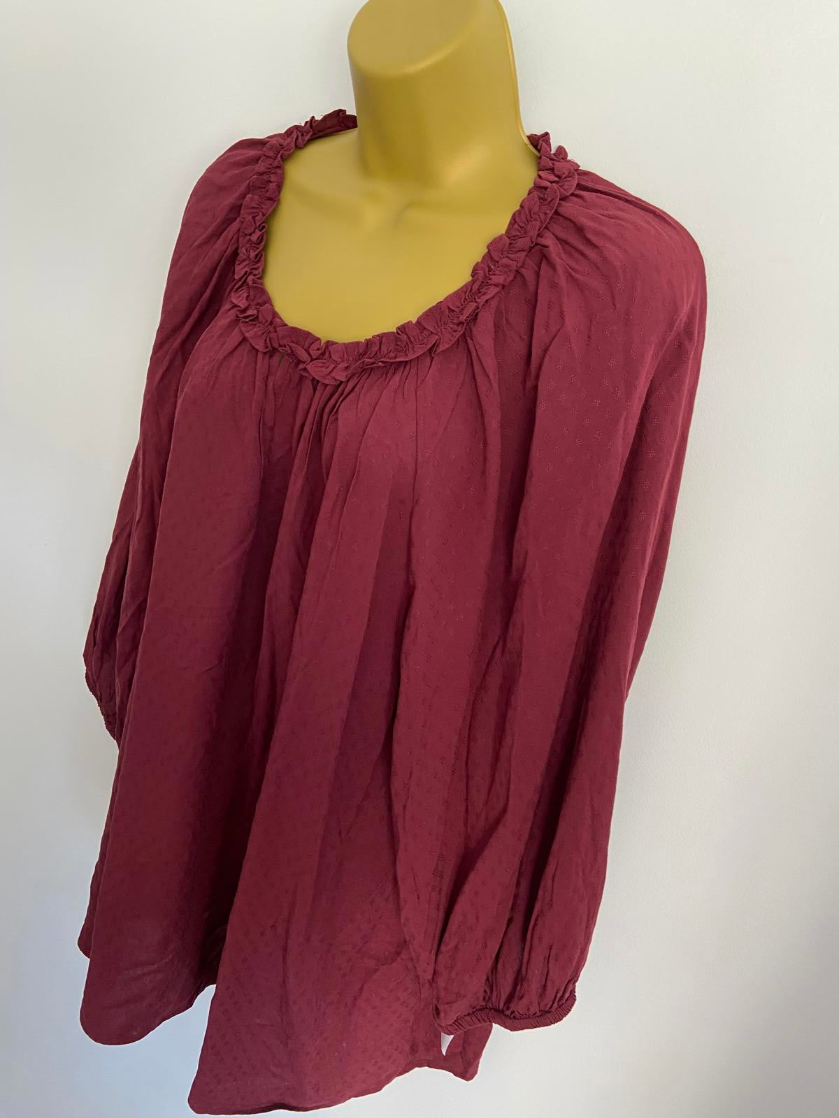 Rose & Olive Ladies Burgundy Smock Top - Ruffle Neck, Boho, Plus Size 3X