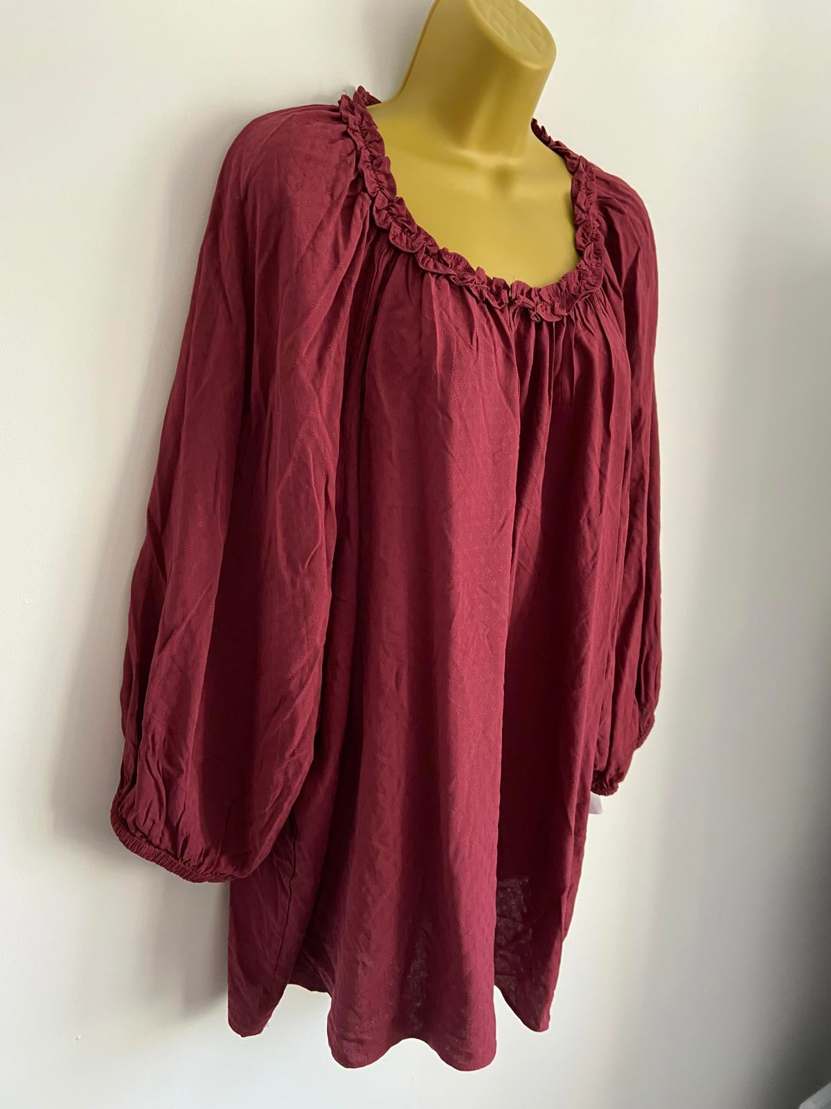 Rose & Olive Ladies Burgundy Smock Top - Ruffle Neck, Boho, Plus Size 3X