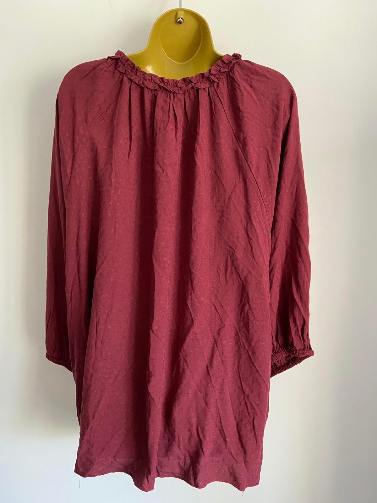 Rose & Olive Ladies Burgundy Smock Top - Ruffle Neck, Boho, Plus Size 3X