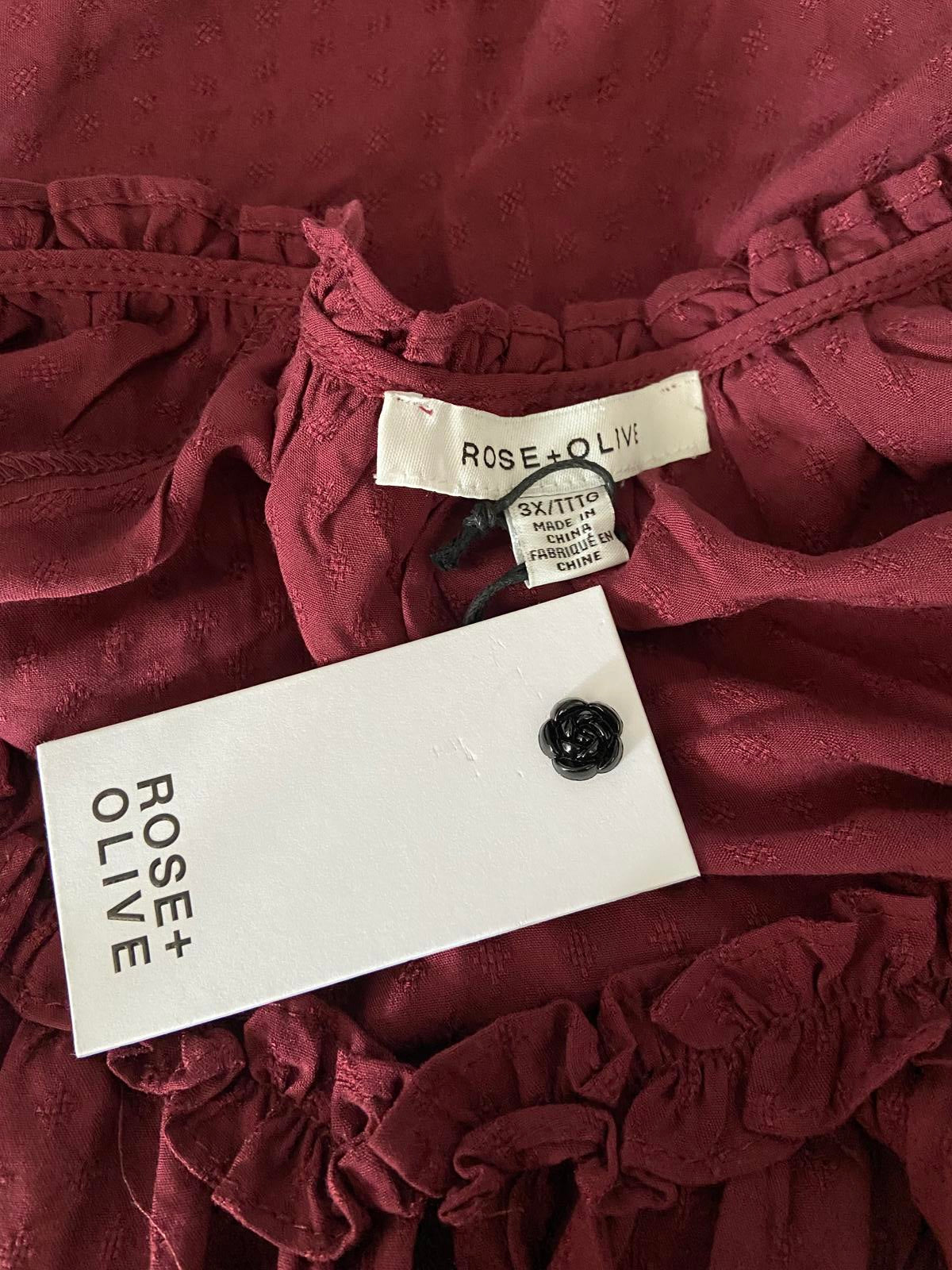 Rose & Olive Ladies Burgundy Smock Top - Ruffle Neck, Boho, Plus Size 3X