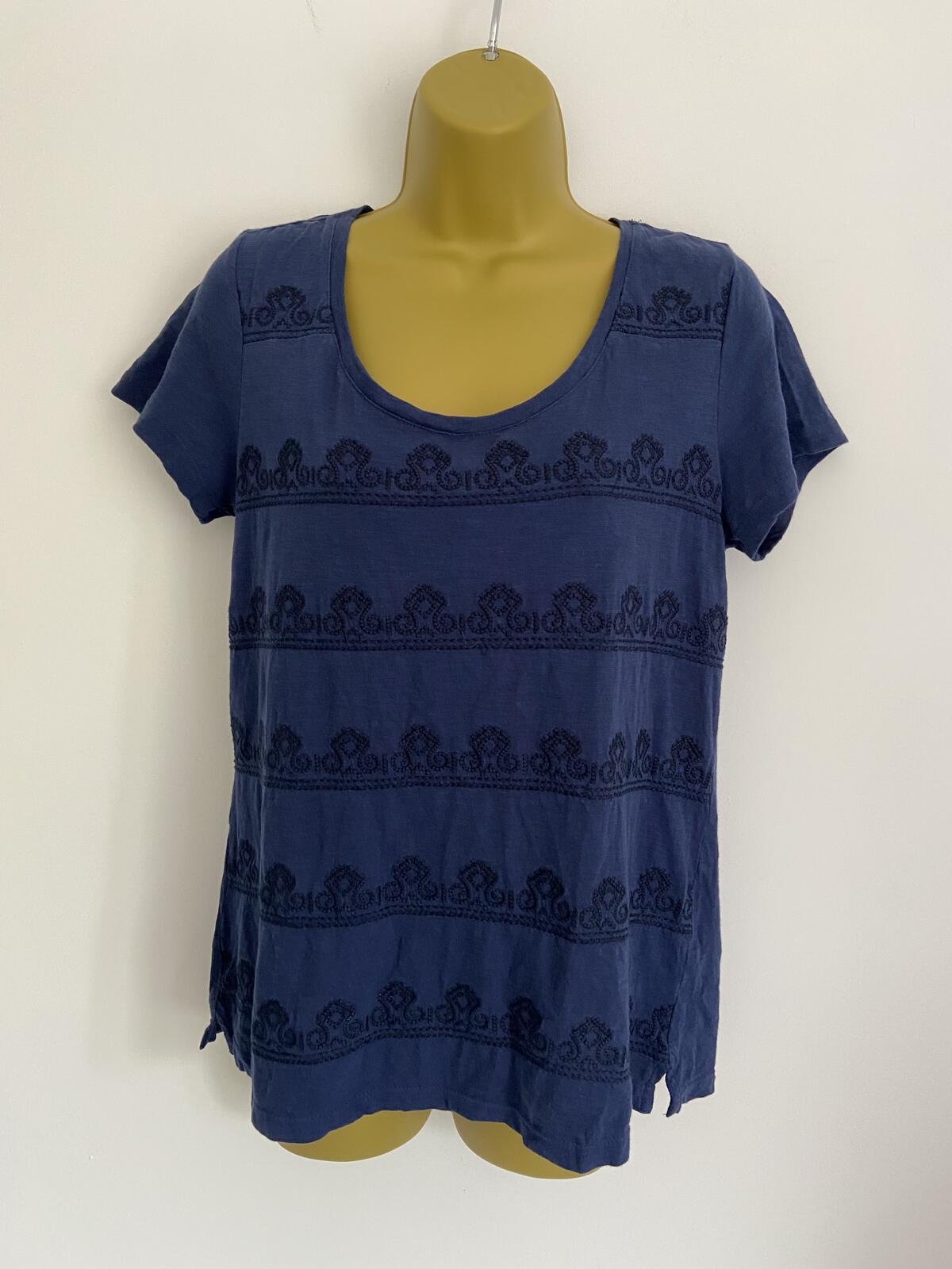 FatFace Women’s Navy Embroidered 100% Cotton Back-Button T-Shirt Blouse Size 12
