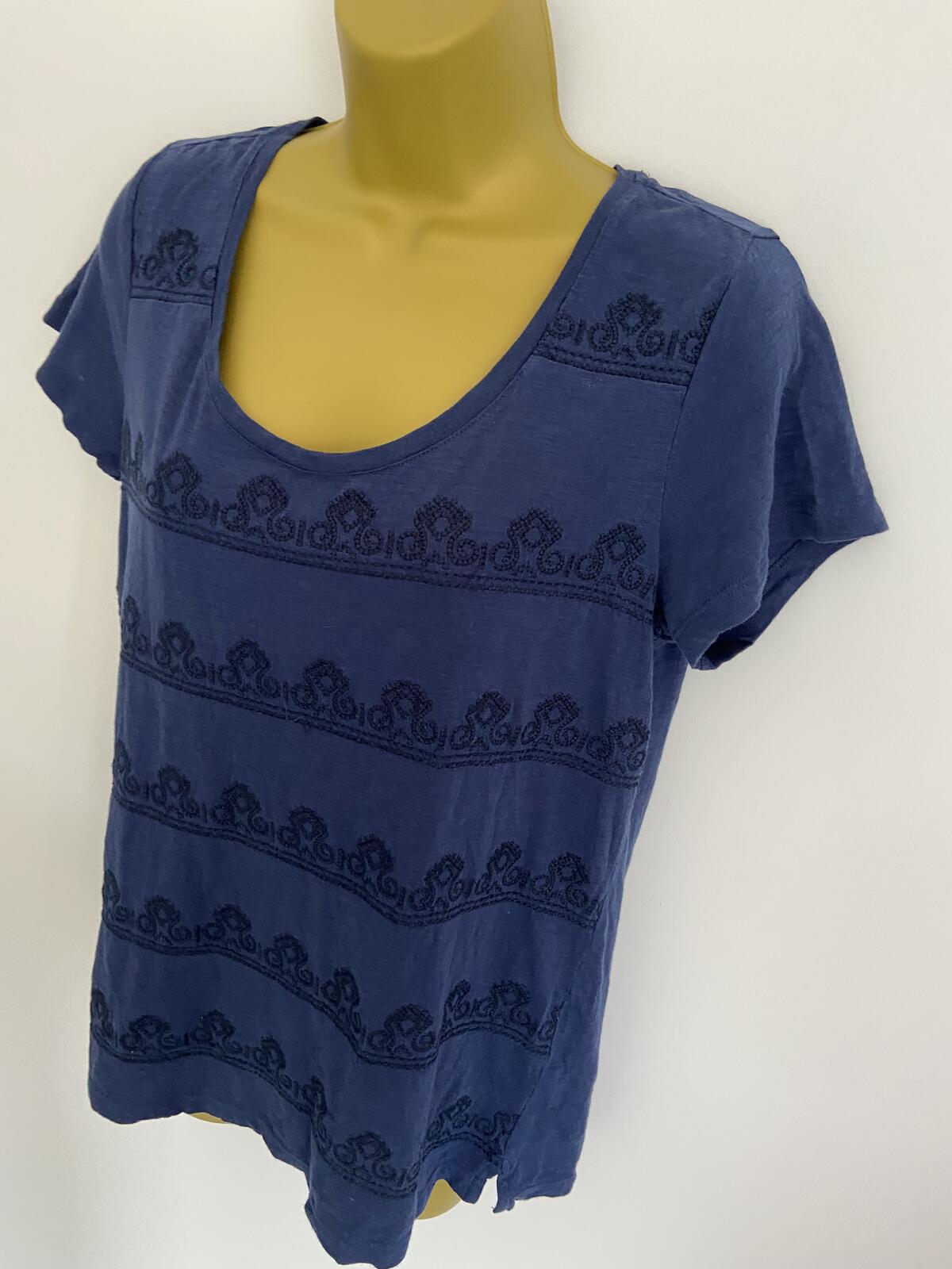 FatFace Women’s Navy Embroidered 100% Cotton Back-Button T-Shirt Blouse Size 12