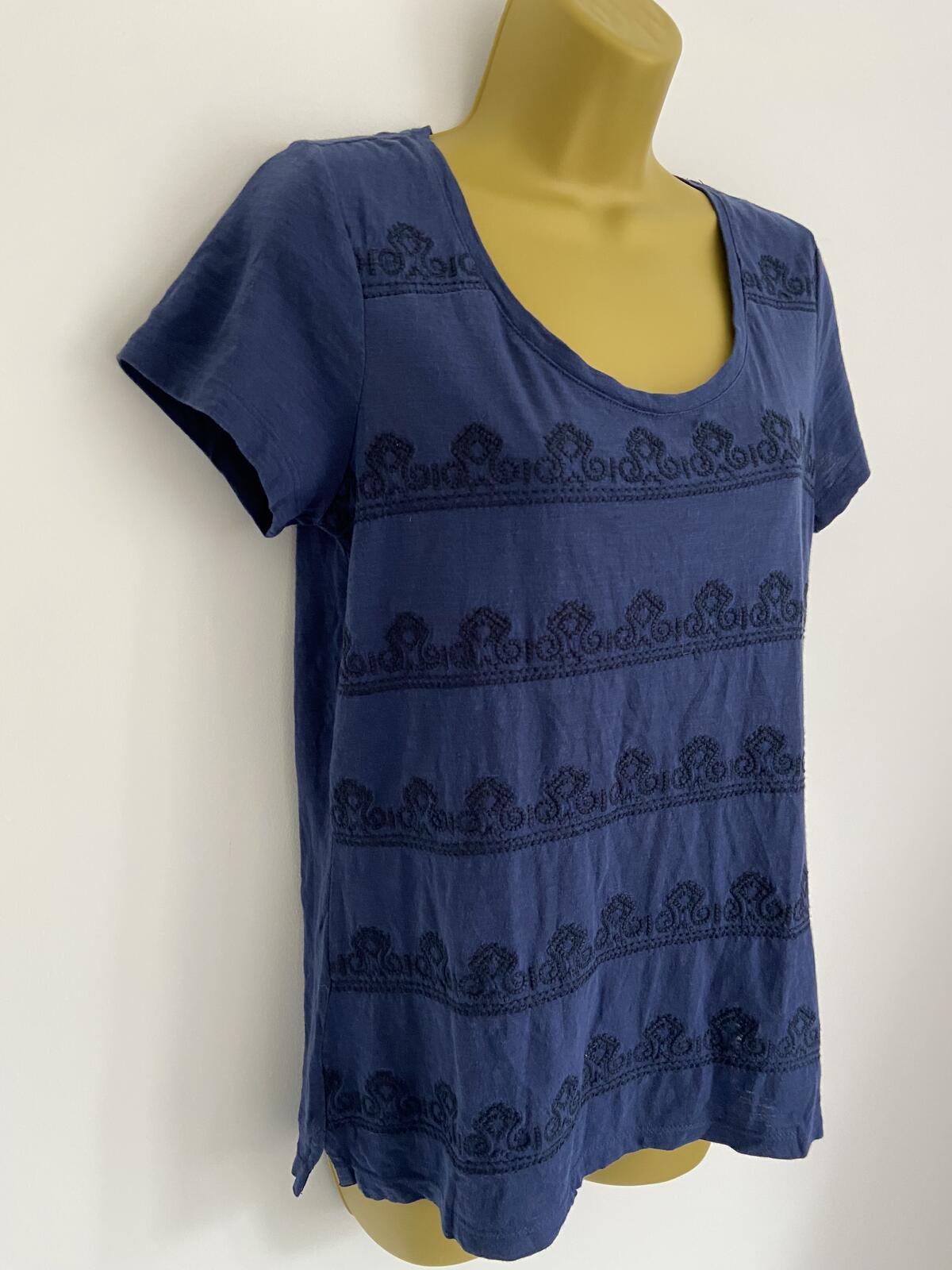 FatFace Women’s Navy Embroidered 100% Cotton Back-Button T-Shirt Blouse Size 12