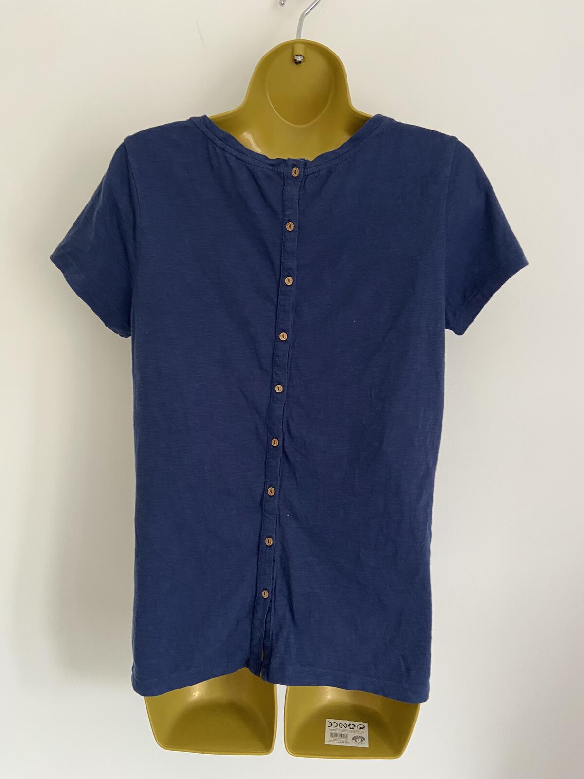 FatFace Women’s Navy Embroidered 100% Cotton Back-Button T-Shirt Blouse Size 12