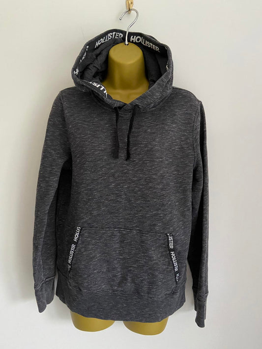 Hollister Ladies Charcoal Grey Marl Hoodie - Branded Tape Detail, Size XS
