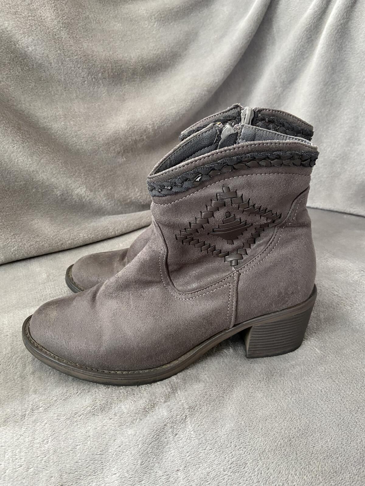 Grey Suede Ankle Boots with Aztec Print Detail Size 5