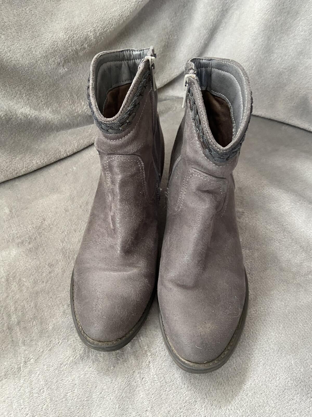Grey Suede Ankle Boots with Aztec Print Detail Size 5