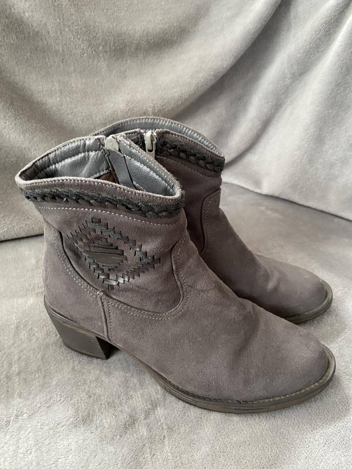 Grey Suede Ankle Boots with Aztec Print Detail Size 5