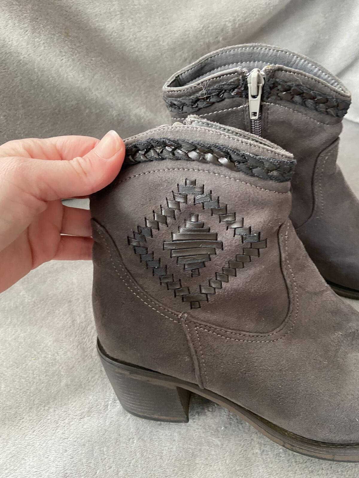 Grey Suede Ankle Boots with Aztec Print Detail Size 5