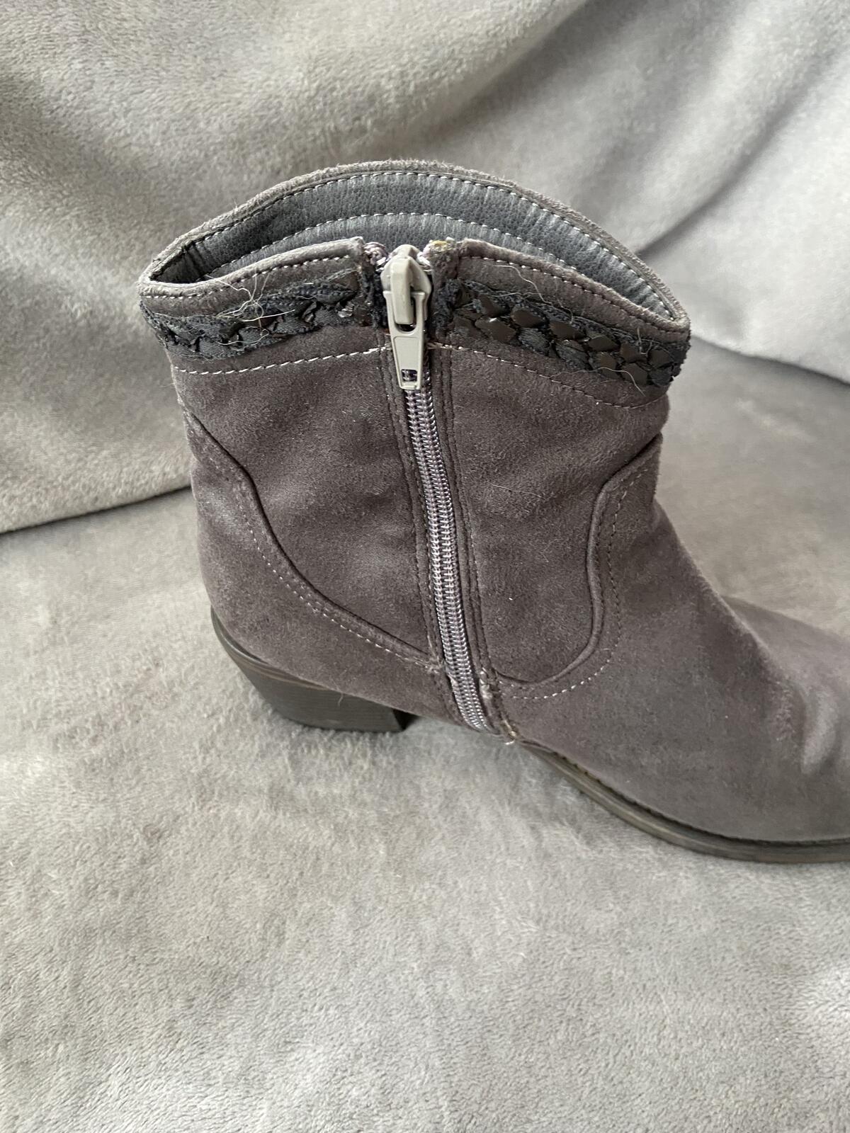 Grey Suede Ankle Boots with Aztec Print Detail Size 5