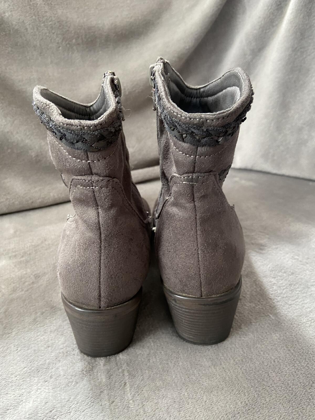 Grey Suede Ankle Boots with Aztec Print Detail Size 5