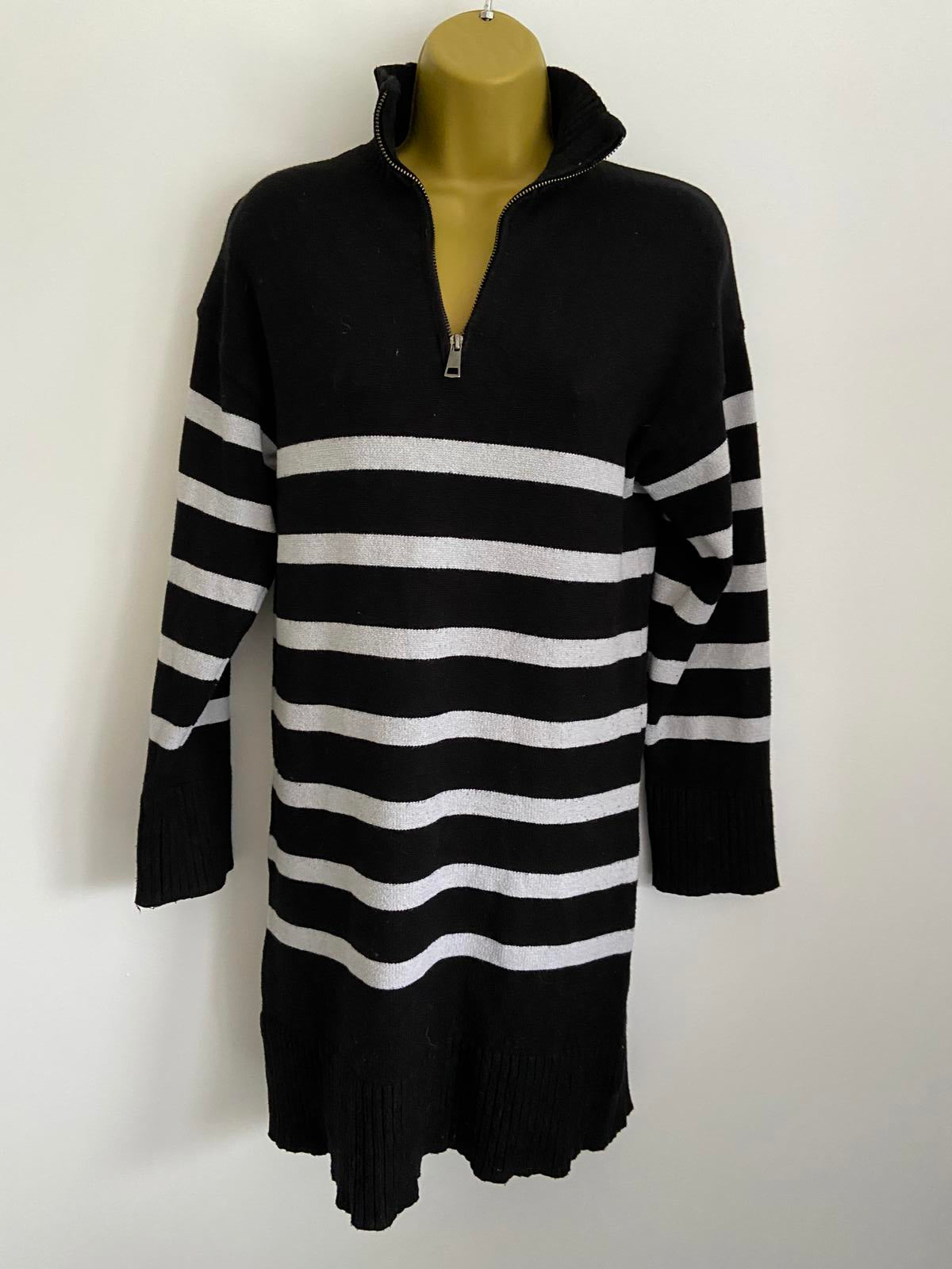 Primark Ladies Black & White Striped Knit Dress - Quarter Zip, Size XS