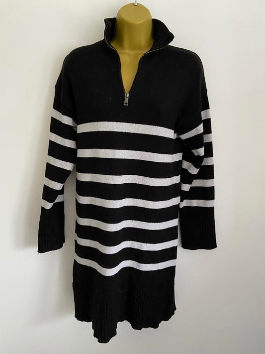 Primark Ladies Black & White Striped Knit Dress - Quarter Zip, Size XS