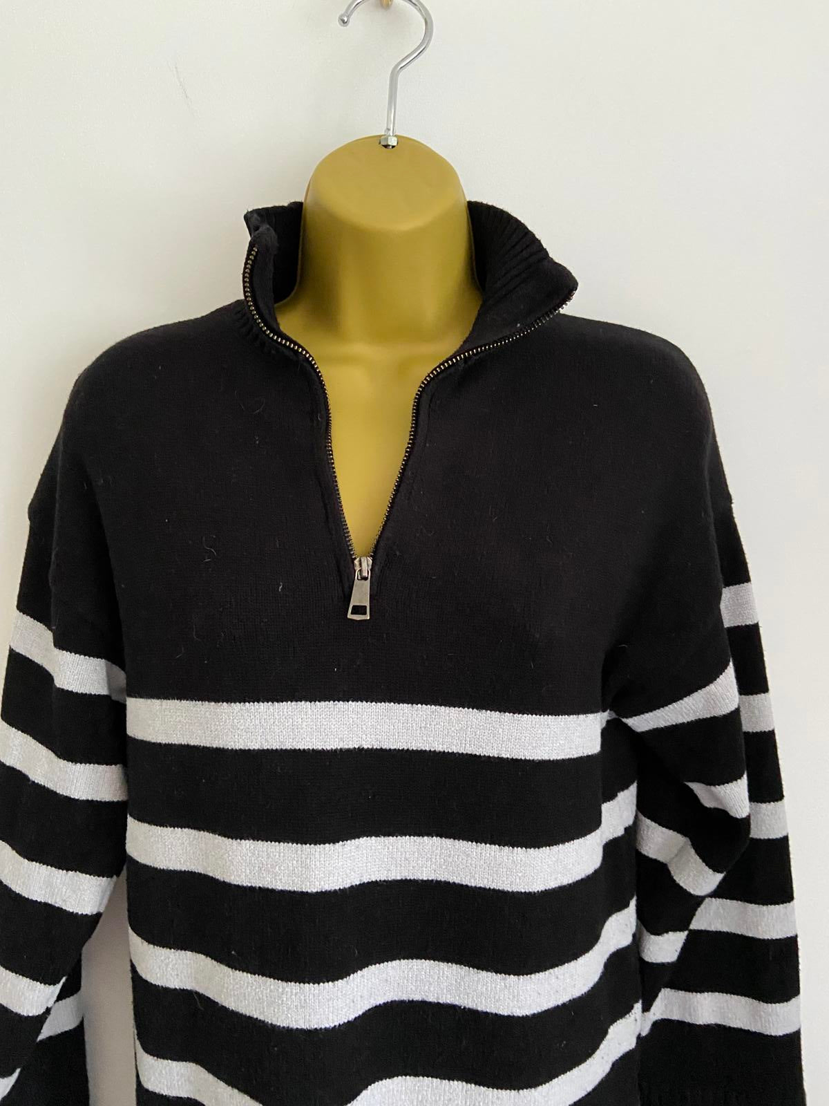 Primark Ladies Black & White Striped Knit Dress - Quarter Zip, Size XS