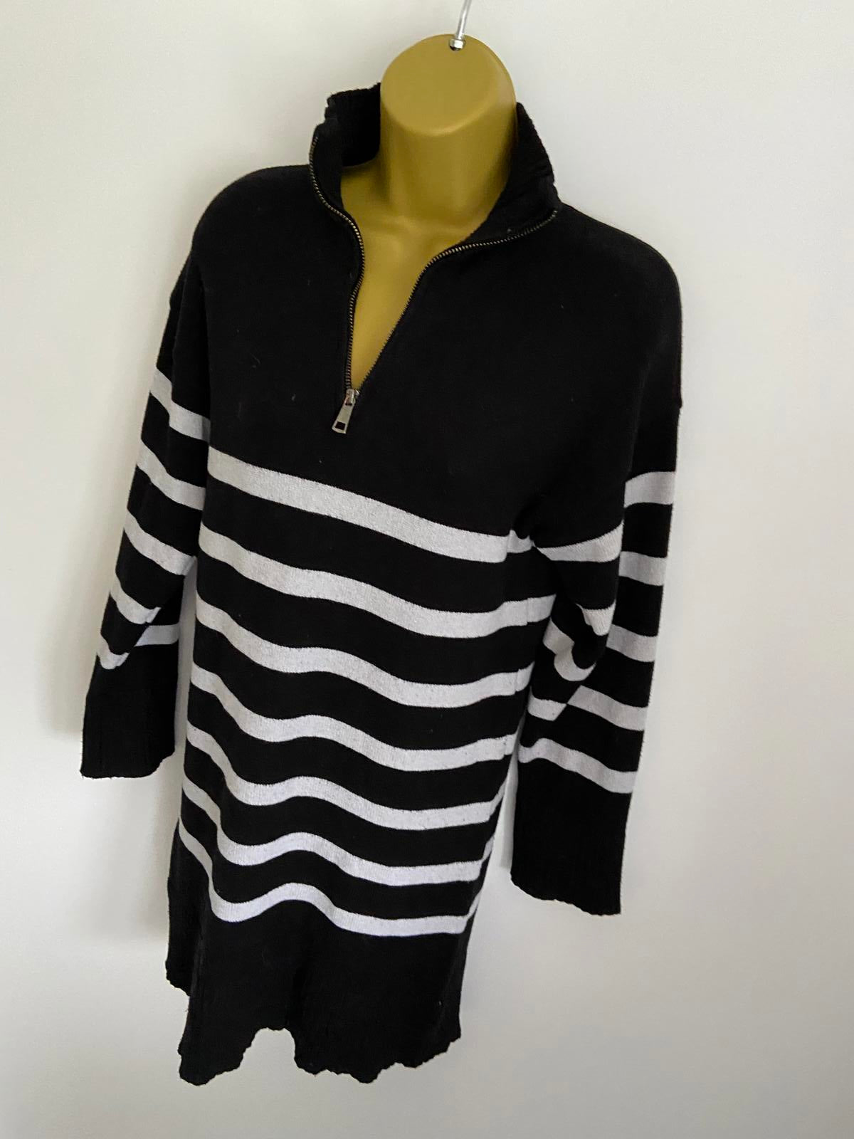Primark Ladies Black & White Striped Knit Dress - Quarter Zip, Size XS