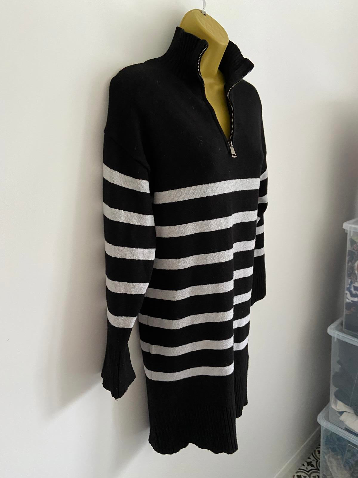 Primark Ladies Black & White Striped Knit Dress - Quarter Zip, Size XS