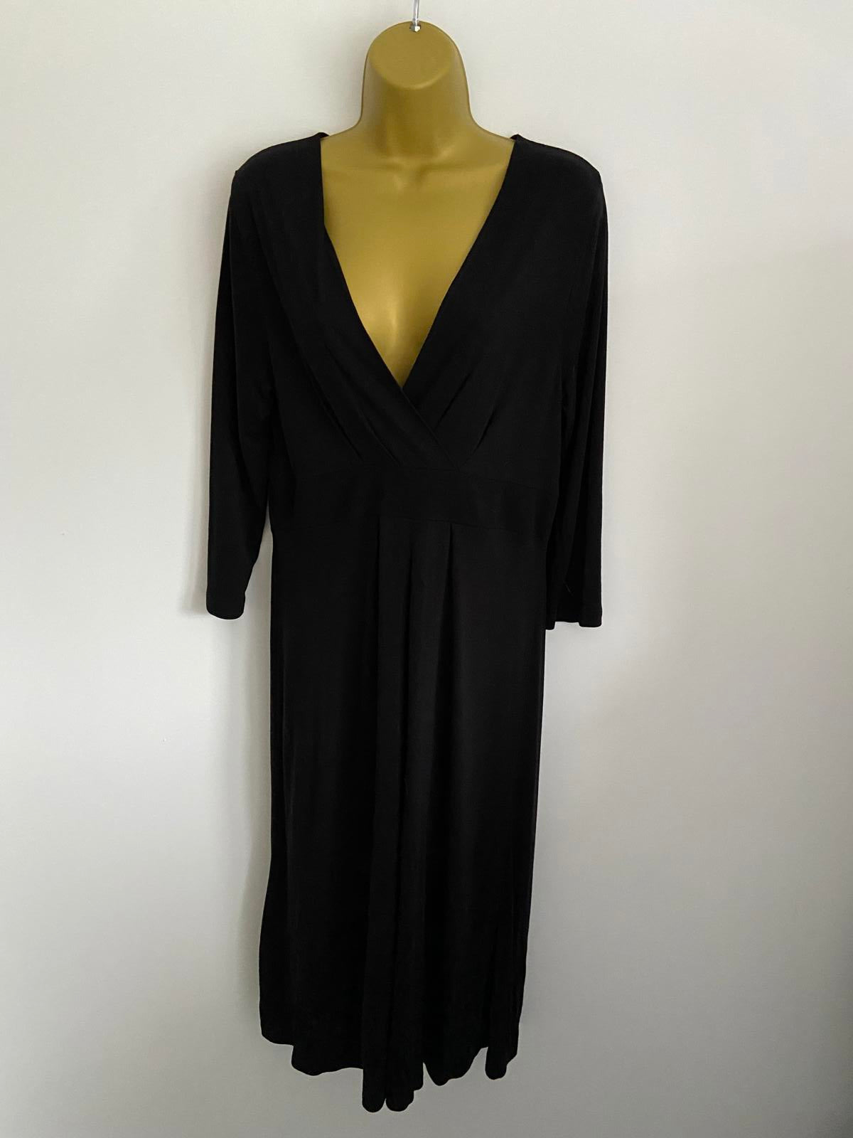 East Ladies Black Wrap Front Dress - Boho V-Neck Midi, 100% Viscose, Size 14