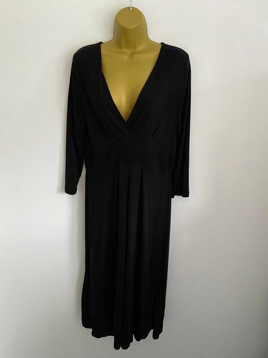 East Ladies Black Wrap Front Dress - Boho V-Neck Midi, 100% Viscose, Size 14