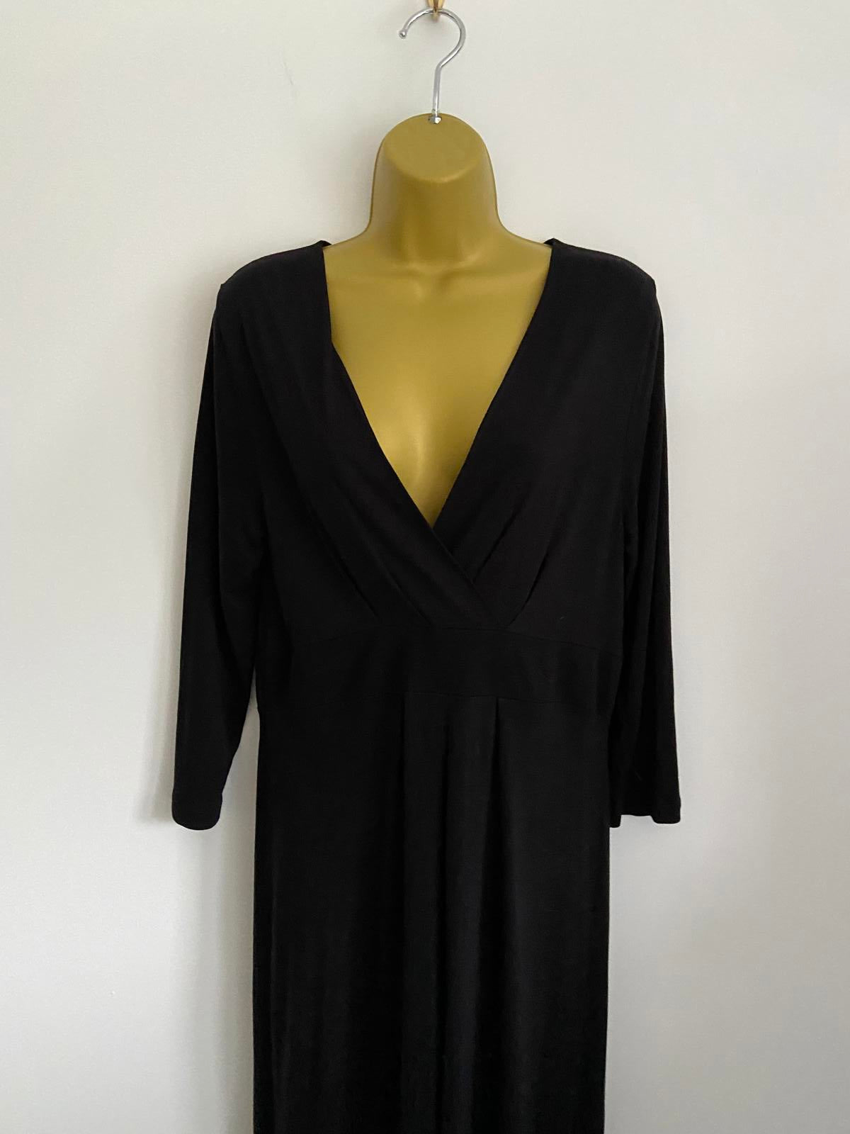 East Ladies Black Wrap Front Dress - Boho V-Neck Midi, 100% Viscose, Size 14